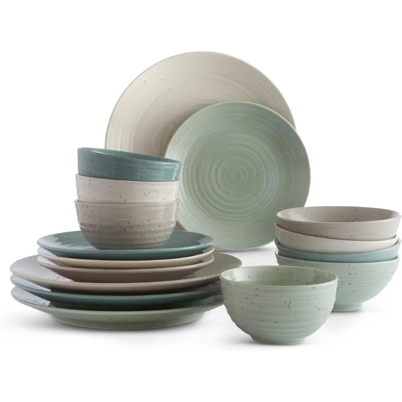 Siterra Artist's Blend 16-Piece Stoneware Dinnerware Set with Round Plates and Bowls, Muticolor