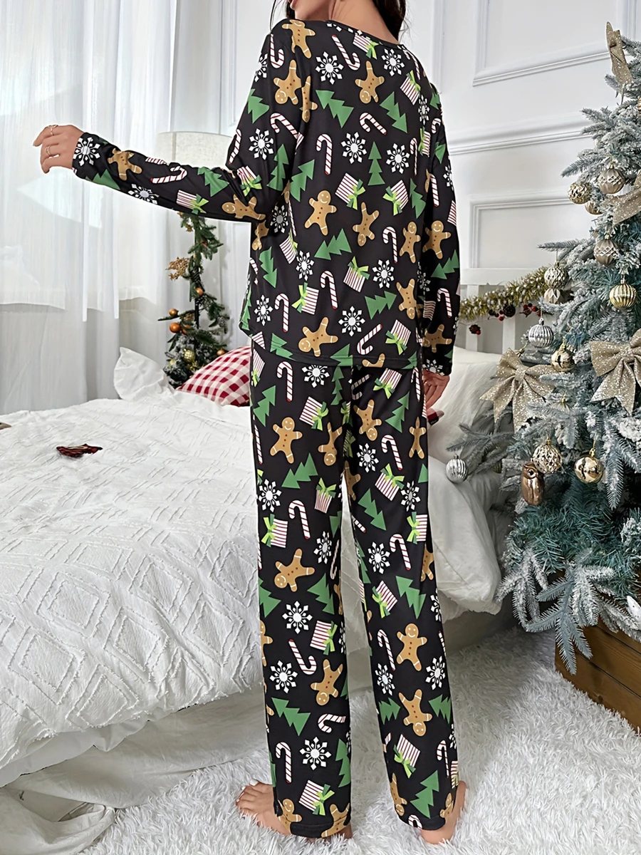 Women Christmas Pajama Set Snow Tree Print Long Sleeve T-shirt with Pants Sleepwear Loungewear