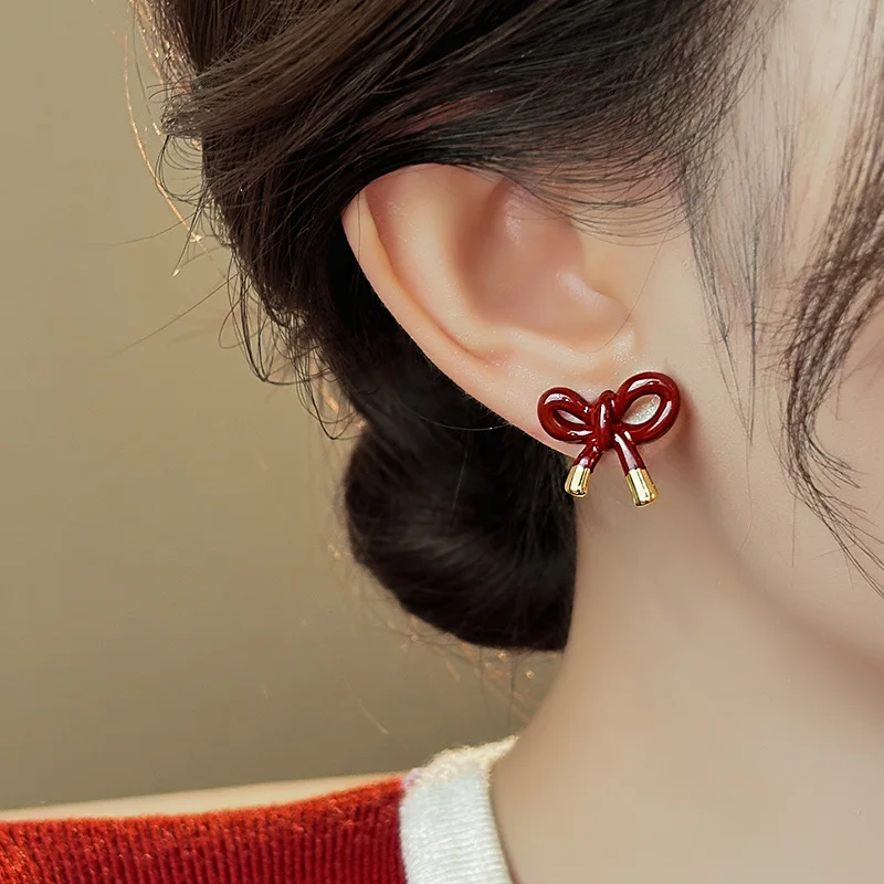 خمر قطرة النفط الأحمر Bowknot وأقراط للنساء الفتيات أزياء لطيف الحلو الأذن ثقب المجوهرات اكسسوارات هدايا