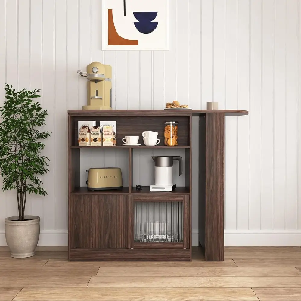 

Walnut Counter Height Cabinet with Rotating Top and 6 Storage Spaces