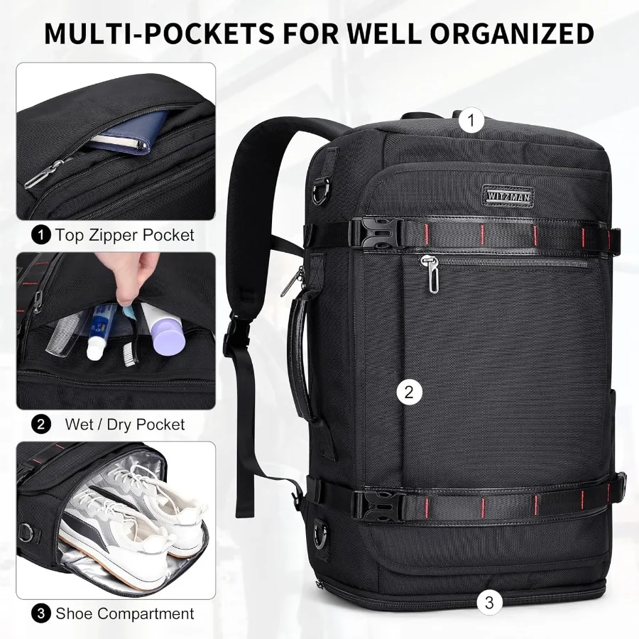 حقيبة ظهر للسفر من WITZMAN للرجال 35 لترًا حقيبة ظهر للكمبيوتر المحمول مناسبة مقاس 16 بوصة TSA مناسبة للطيران معتمدة مع حجرة للأحذية