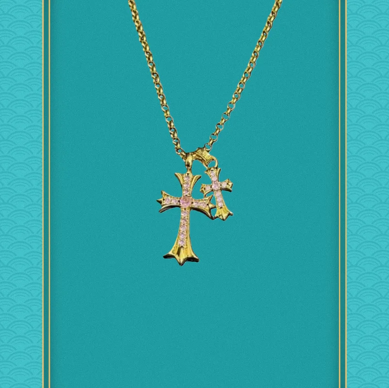 

Gold-Tone Double Cross Necklace with Blush Rhinestones