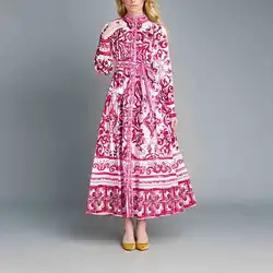 Summer Autumn Muslim Style Red Golden White Porcelain Floral Long Sleeve Maxi Dress Shirt Women
