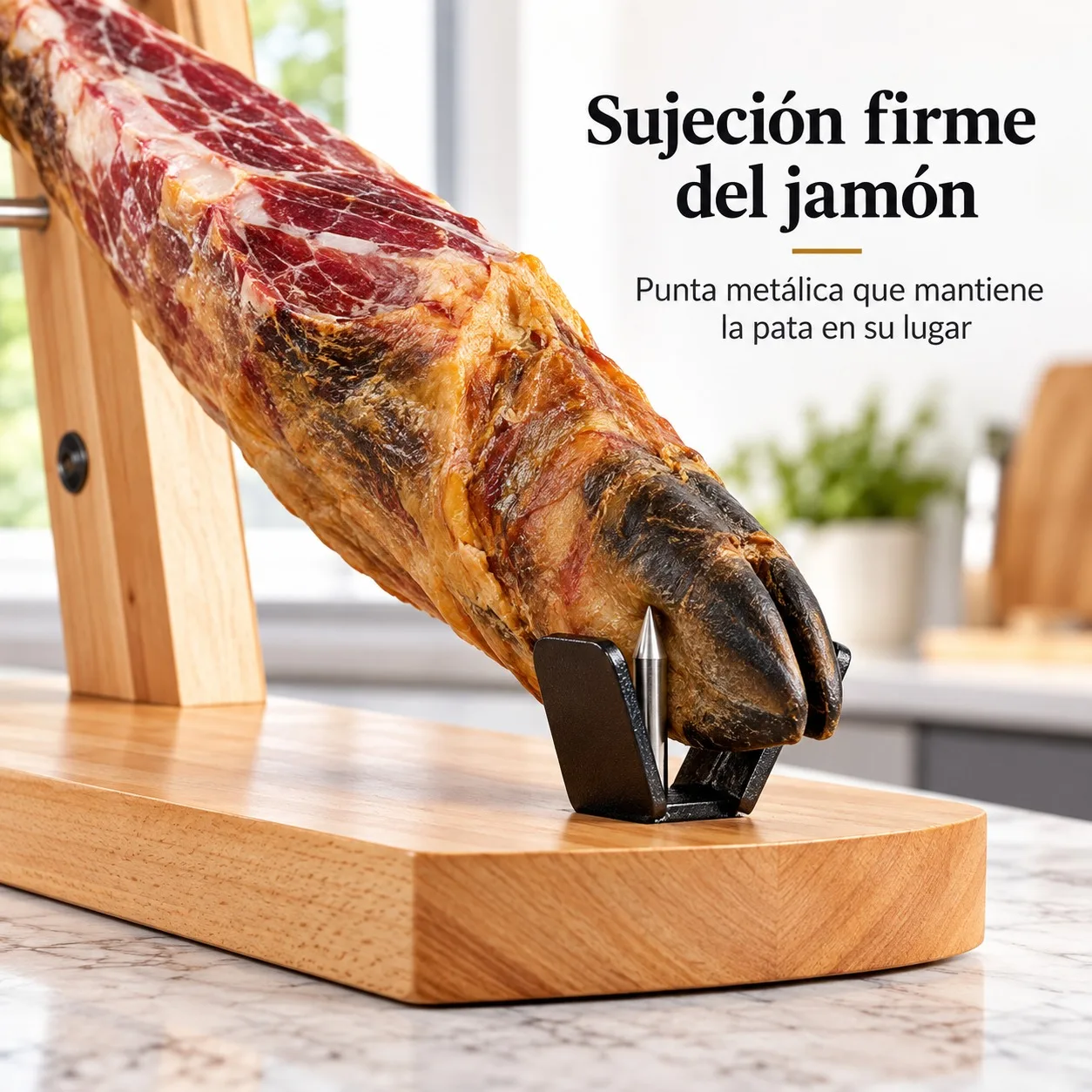 Fotografia 4: Suporte para presunto em madeira de pinho e aço inoxidável, com estrutura de braços duplos, para presuntos ibéricos e serranos. Base estável de 44,5 x 22,5 cm, ideal para cortes profissionais em casa.