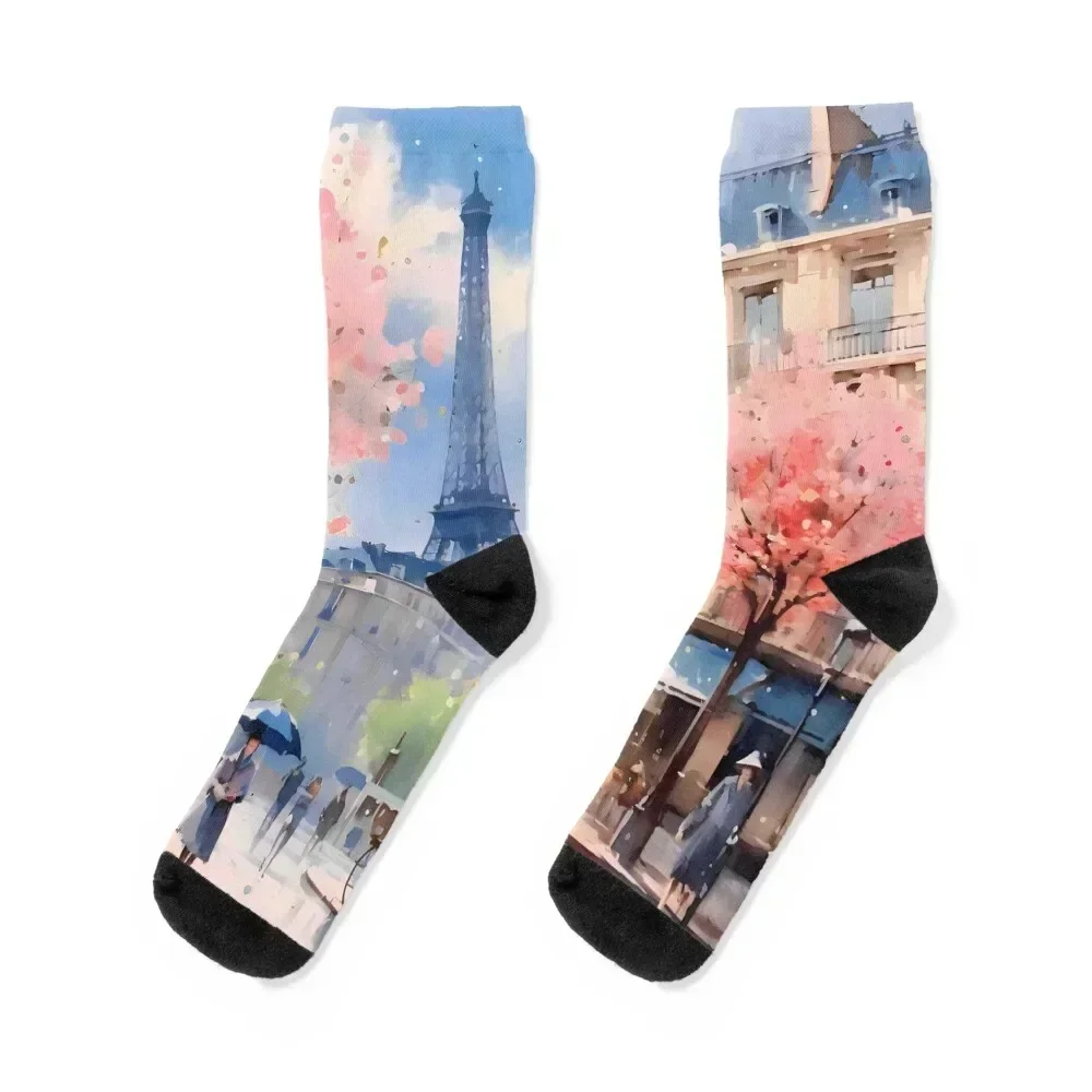 A paris city scape in watercolor Socks hiphop men cotton high quality luxury Boy Socks Women's