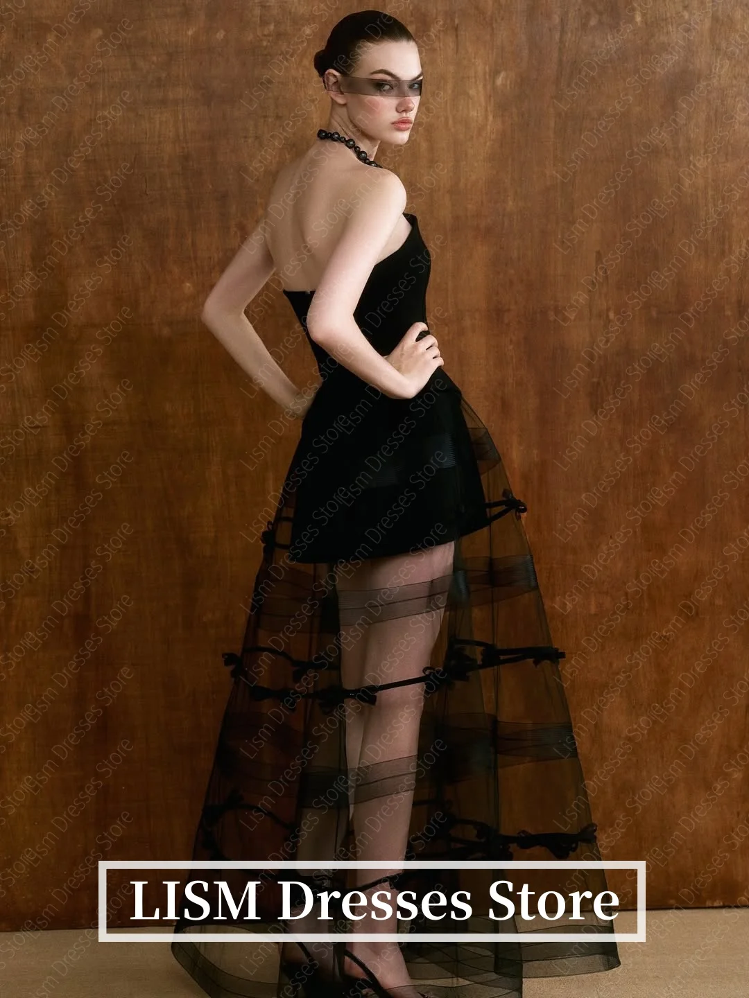 LISM Black Strapless Evening Dresses Satin Tulle Silk A-Line Ribbons Elegant Prom Gown robe de soirée Party Gowns