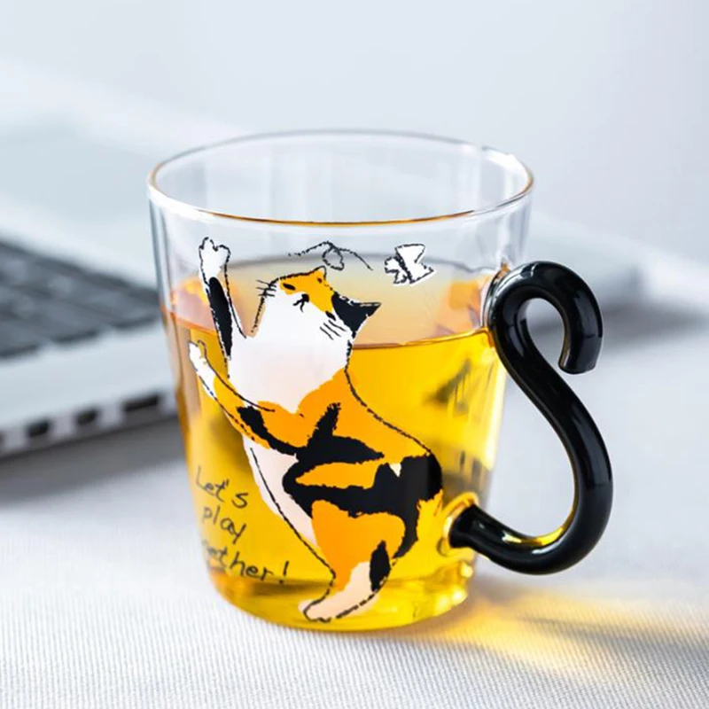 250ML Cute Cat Glass Juice Coffee Cup Milk Tea Coffee Glass Mug Cat Tail Handle