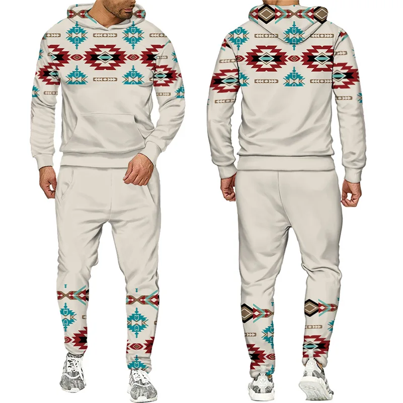 에스닉 스타일 3D 프린트 후드티 바지 세트 남성 패션 스웨트셔츠 후드티 스웨트팬츠 투피스 수트 트랙수트 남성 의류