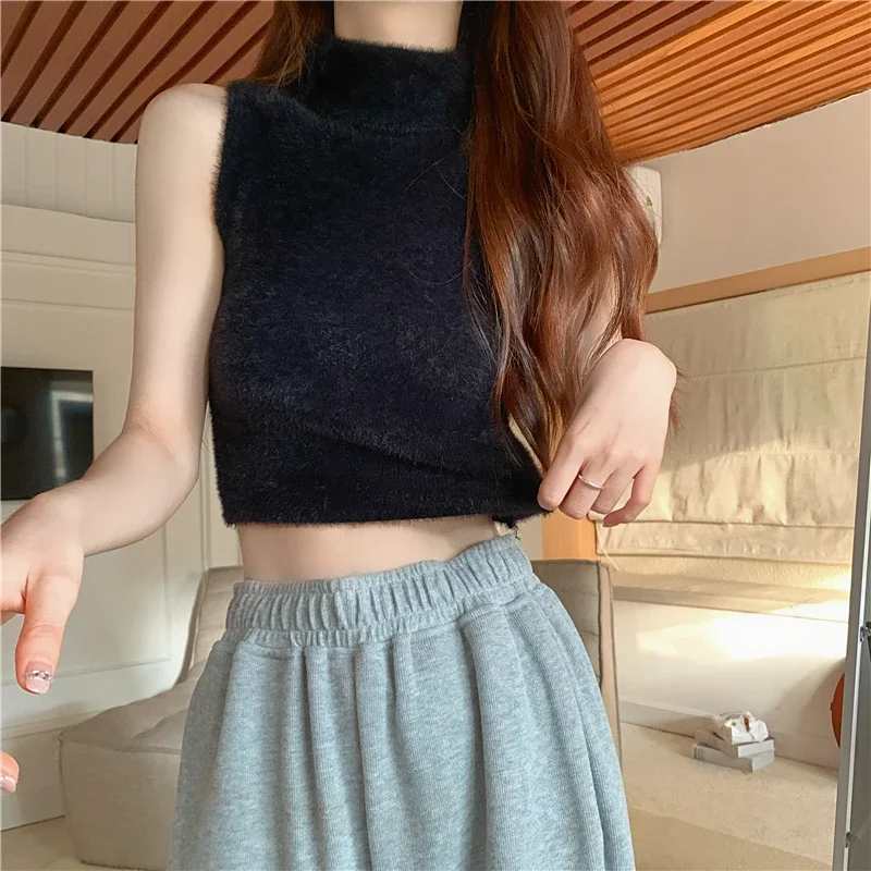

New Sleeveless Faux Mink Cashmere Sweater Women 2023 Autumn Winter New Basics Warm Turtleneck Y2K Knitted Tank Tops Feminina