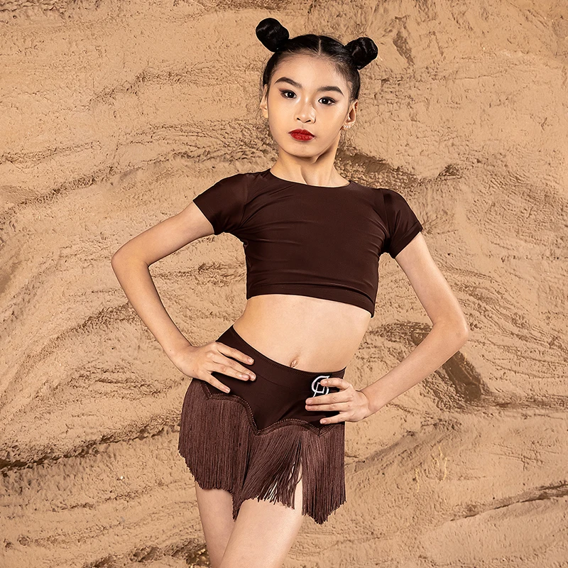 Summer Girls Latin Dance Clothes Kids Latin Dancing Black Fringed Skirt Cha Cha Rumba Samba Dance Practice Clothing BL12408