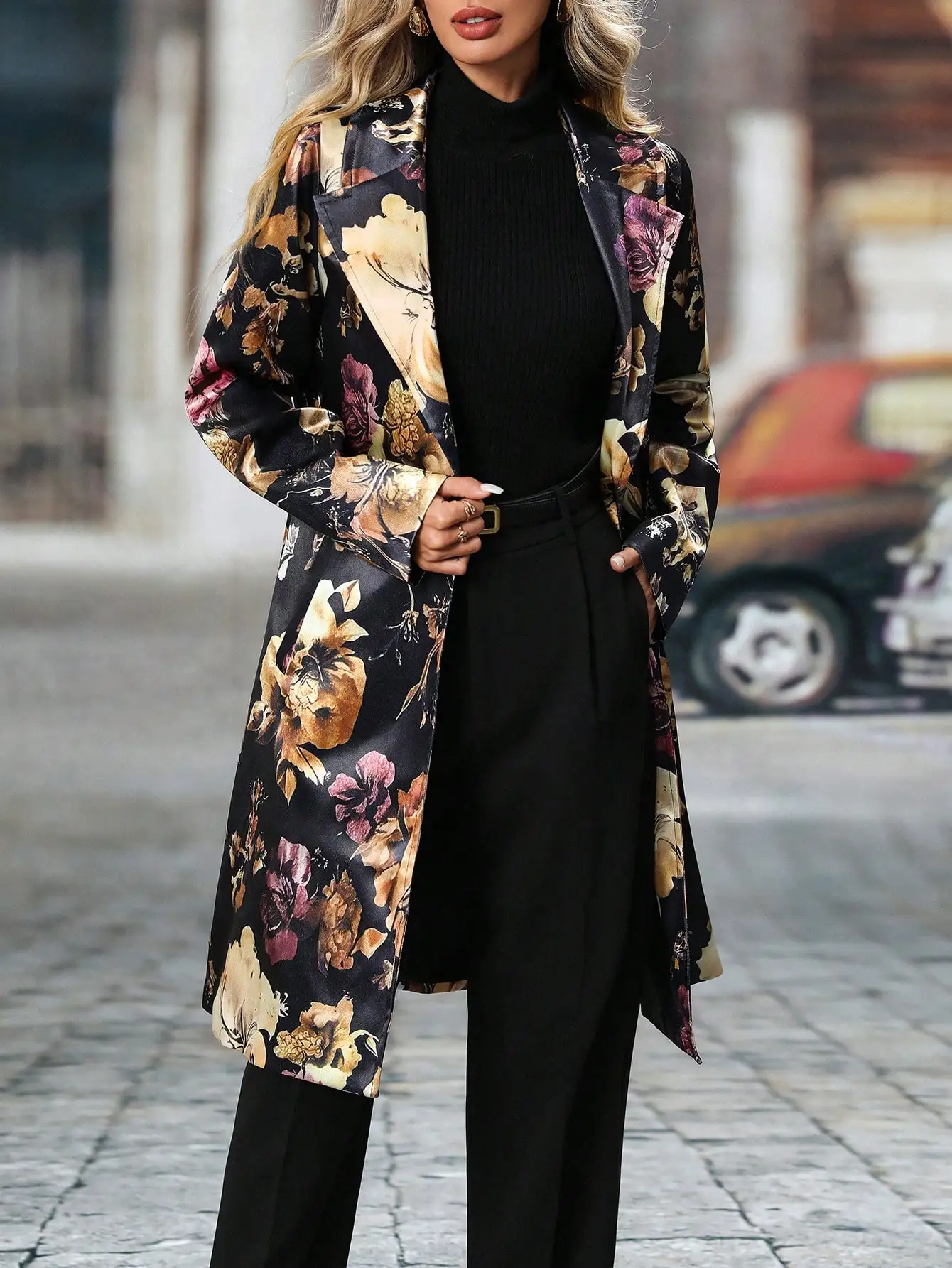 معطف بليزر طويل للنساء بنقشة زهور وياقة مدببة، سترة أنيقة متوسطة الطول للمكتب والارتداء اليومي