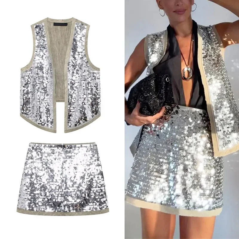 

Skirt Sets For Women 2 Pieces 2025 Summer Ladies Fashion Elegant Sleeveless Tank Vest Top Mini Skirt Sequined Skirt Sets