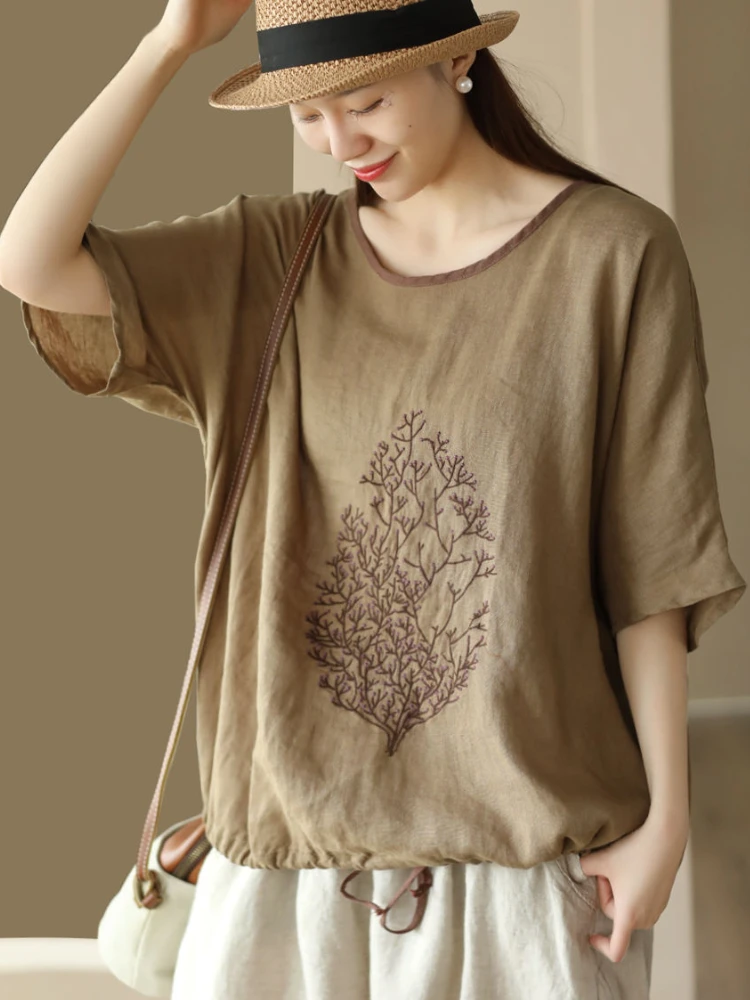 Loose T-shirts Women Summer Vintage Casual Panelled Literary Embroidery  All-match Temperament Streetwear O-neck Females