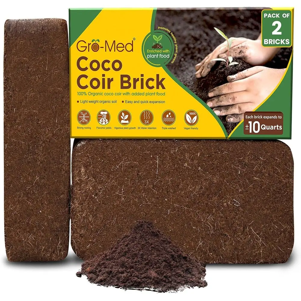 Organic Coconut Bricks or Plants – 2 Pack Compressed Coir Soil with Nutrients, Low EC & pH Balanced Seed Starter Potting Mix or