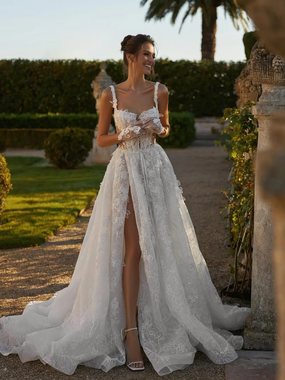 

Modern Handmade Evening Party Dresses Wedding Gowns Trumpet Spaghetti Strap Illusion Long Sleeves Backless High Split Customized