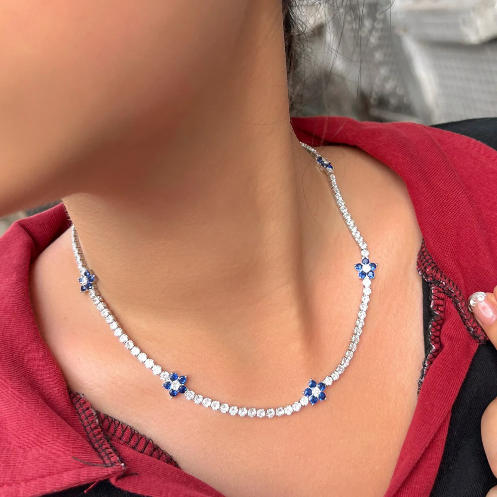 

ThreeGraces New Fashion Blue Cubic Zirconia Crystal Charm Flower CZ Tennis Chain Necklace for Women Elegant Party Jewelry PN202