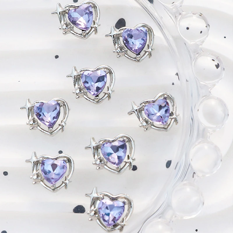 10PCS Love Heart Nail Art Charms Luxury Diamond Crystal Glitter Hallow Heart Rhinestones Alloy Nail Gems Manicure Decor Salon