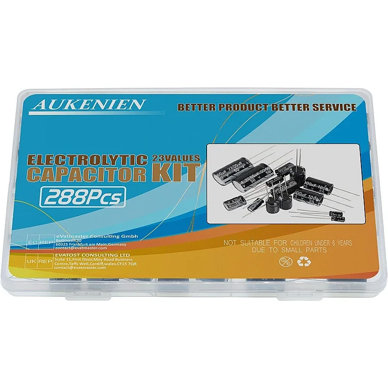 AUKENIEN 23 Value 288PCS Electrolytic Capacitor Set from 10uF to 2200uF 10V 16V 25V 35V 50V Capacitors Aluminium Capacitor Kit
