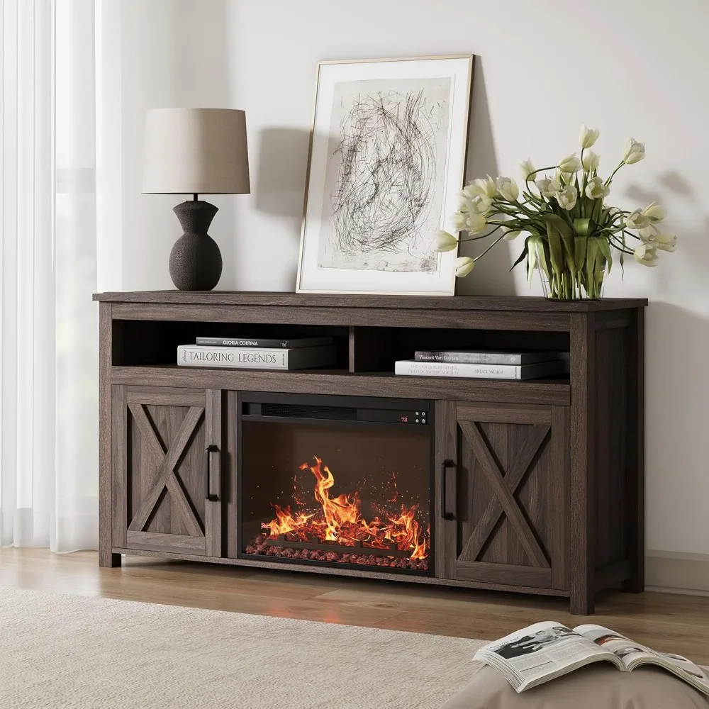 

Barn Door Wood Electric Fireplace TV Stand for TVs up to 65 Inches Open Shelves and Cabinets Media Entertainment Center