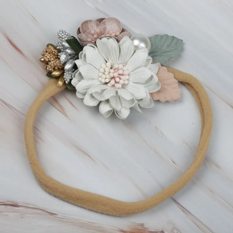 Fashion Nylon Florals Headband Newborn Baby Elastic Princess Hairbands Child Kids Pearl Fresh Style Cute Headwear Gifts