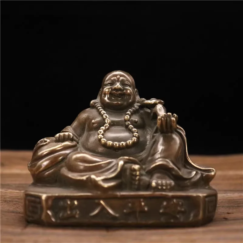 

4" China Bronze Buddhism Happy Laugh Maitreya Buddha Ruyi Money Wealth Sculpture