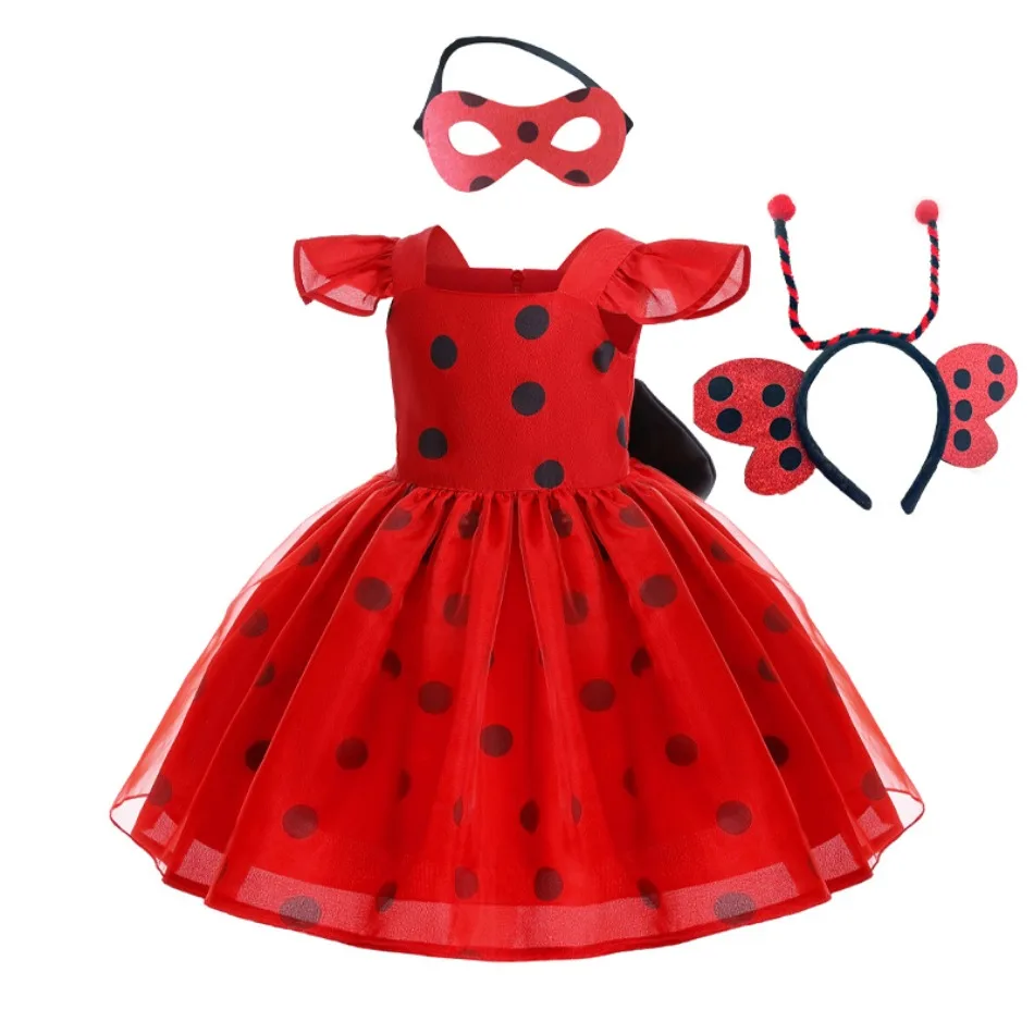 Girl Polka Dot Princess Dress Children Aged 0-6 Big Bow Puffy Dress Halloween Ladybird Role-playing Costume Performance Costume