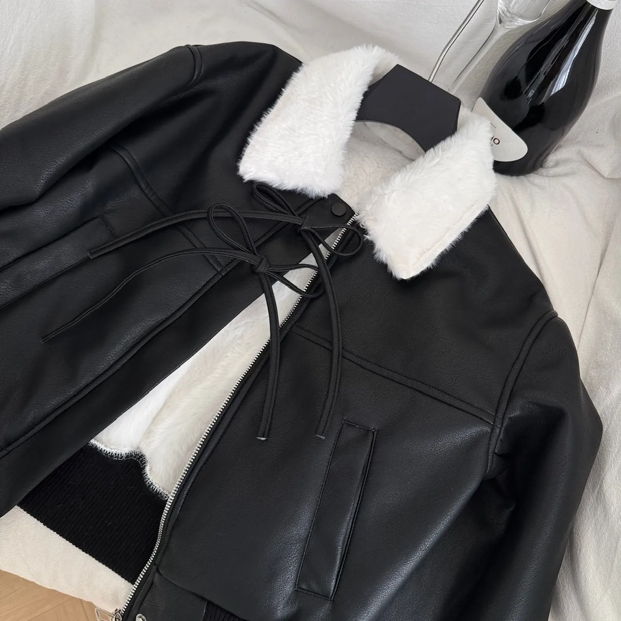 Giacca corta in lana d'agnello da donna invernale Capispalla retrò americano Cappotto in ecopelle PU Y2k Moda coreana Design anni 2000 Spessore Nuovo