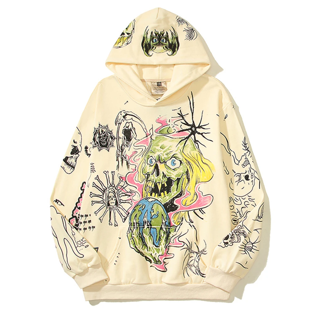 

,Skeleton Graffiti Terry Material Streetwear Men's Hoodie Pullover Front Pocket High Street Hooded Man Beige