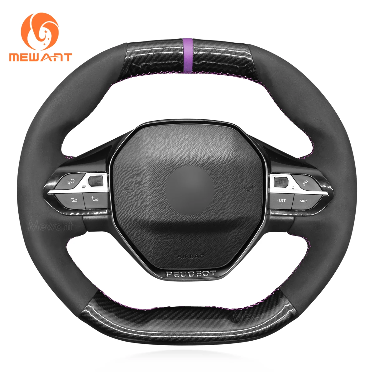 MEWANT Black PU Carbon Fiber Steering Wheel Cover for Peugeot 208 308 SW 508 2008 3008 5008 Partner Rifter 2017 2018 2019-2022