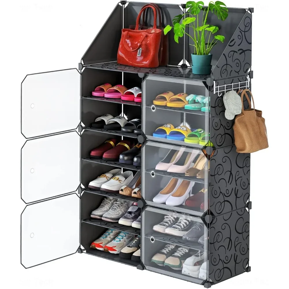 

Shoe Organizer Cabinet with Doors and Top Shelf, Stackable, Expandable and Free-Standing Plastic Storage Rack for Entryway