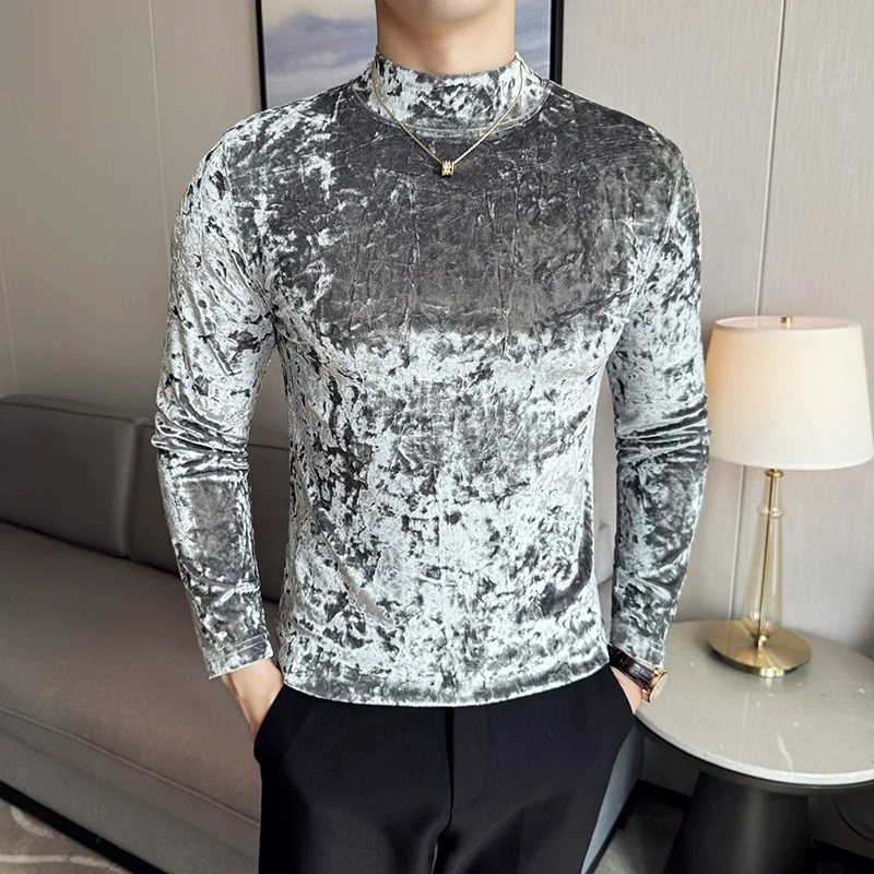 Retro Warm Velvet Base T-Shirts for Men Autumn Turtleneck Male Pullover T Shirt Sexy Party Long Sleeve Mens Tee Tops Plus Size