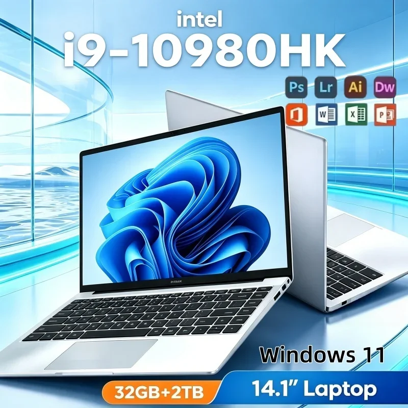 14.1 ''Laptop Intel I9 9900/10980HK, 32GB RAM 2TB SSD 1920*1080 Lightweight Ultra Slim Notebook Windows 11 Learning Portable PC