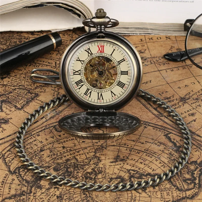 Bronze Skeleton Mechanical Hand Winding Pocket Watch for Men Women Roman Numerals Display Half Hunter Pendant Chain Timepiece