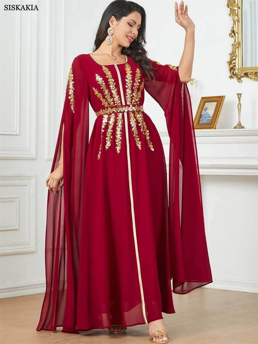 Sisakia luxe femme robe de soirée maille Super manches longues Abaya ceinture incluse paillettes Patchwork caftans femme