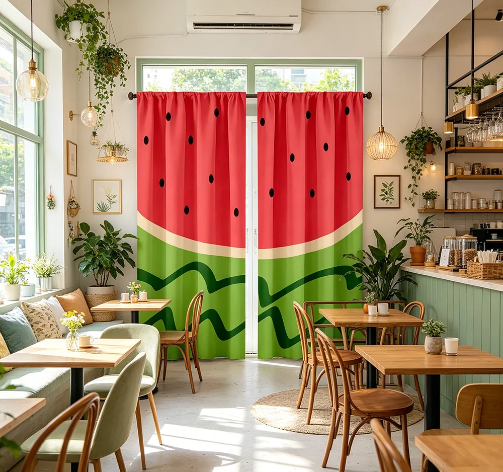 2PCS Digital Printed Curtains, Summer Watermelon Fruit Pattern, Fresh Tropical Fun Style for Living Room Kitchen Home Decor