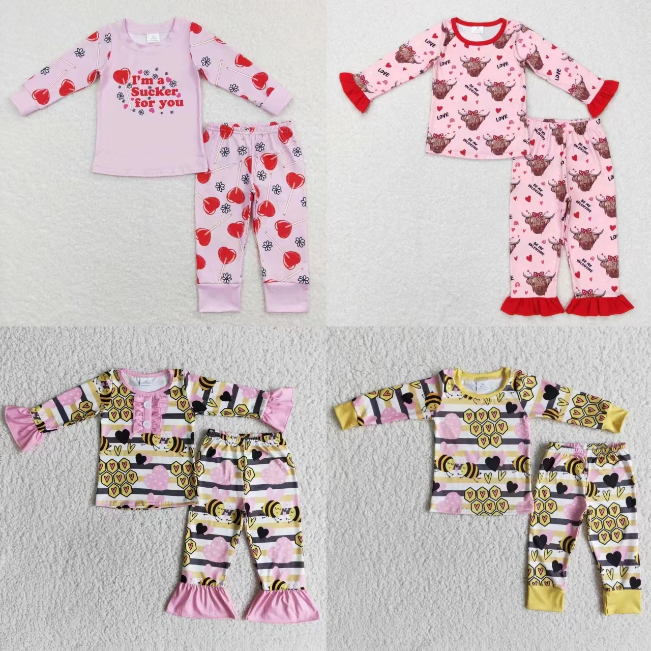 

Wholesale Baby Girls Love Pajamas Kids Valentine's Day Candy Cow Hearts Shirt Pink Set Toddler Outfit Children Pants Sleepwear