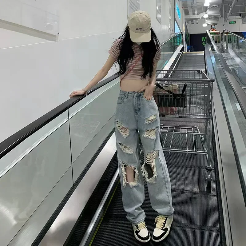 Trou jean femmes droit Denim jambe large pantalon poches bouton fermeture éclair mouche Vintage Streetwear femme pantalon en détresse Denims