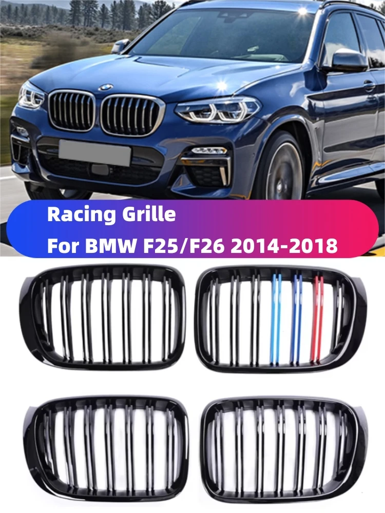 

For BMW X3 X4 F25 F26 2014-2018 Double Slat Gloss Black Racing Grille Front Bumper Kindey M Style Facelift Grill Car Accessories