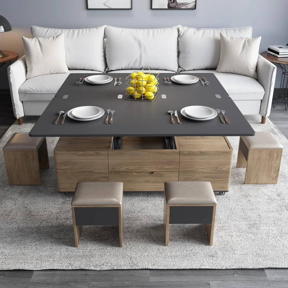 Lifting Coffee Table w/4 Stools 3 in 1 Center Table w/Storage Side Tables Convert to Dining Tables Saving Space Apartment Wheels