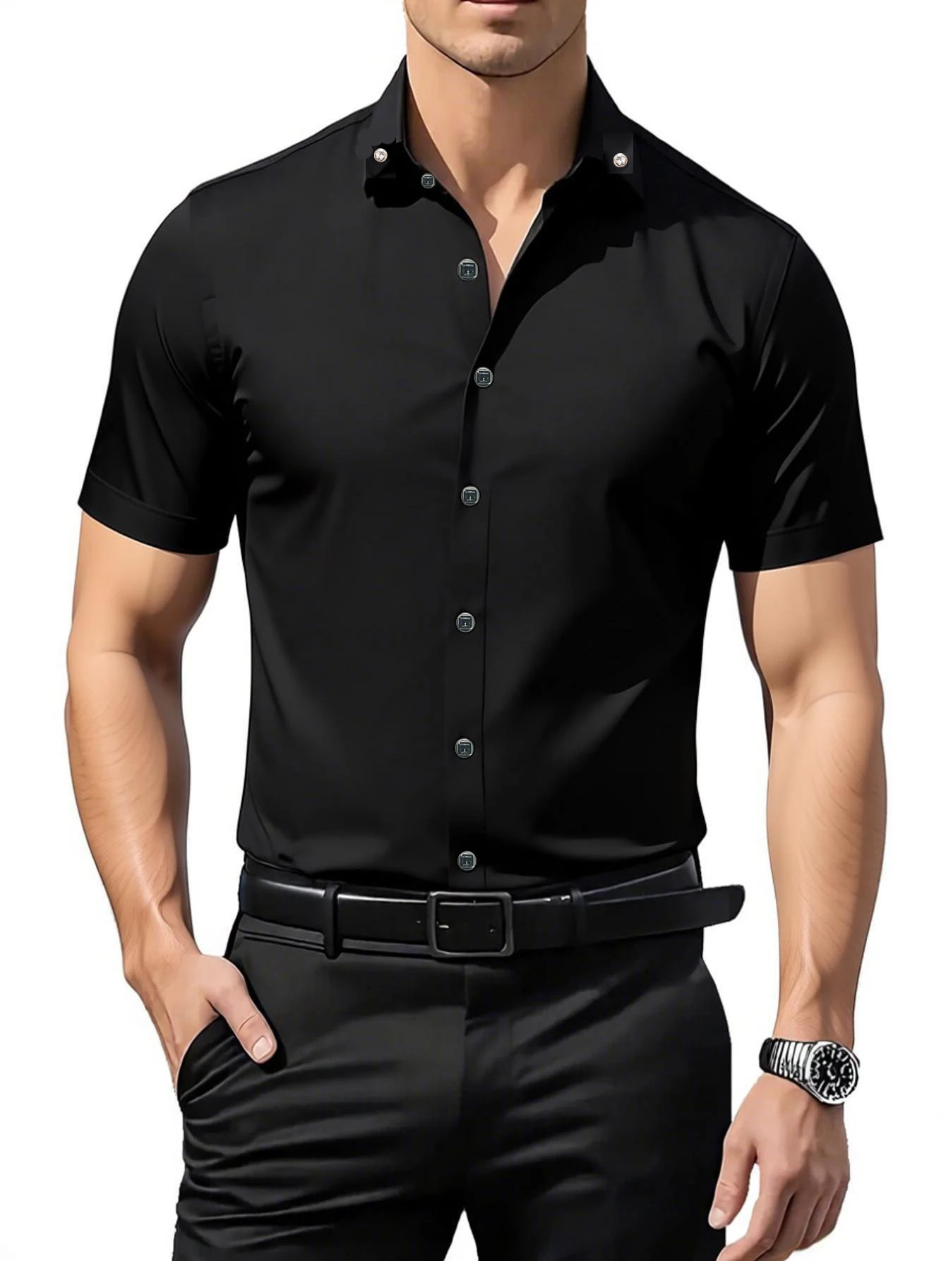 Men's Slim Fit Solid Color Short Sleeve Business Casual Shirt Button down Wrinkle Resistant Blouse 3 Colors S-XXL