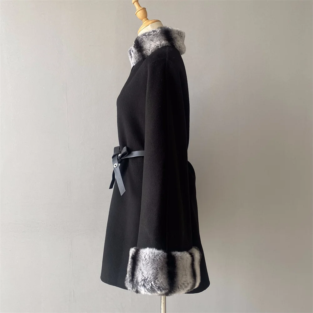 Jxwatcher معطف صوف شتوي نسائي فاخر بياقة فرو أرنب ريكس عباءة صوفية للسيدات موضة خريف 2025 الراقية جديد في ملابس خارجية