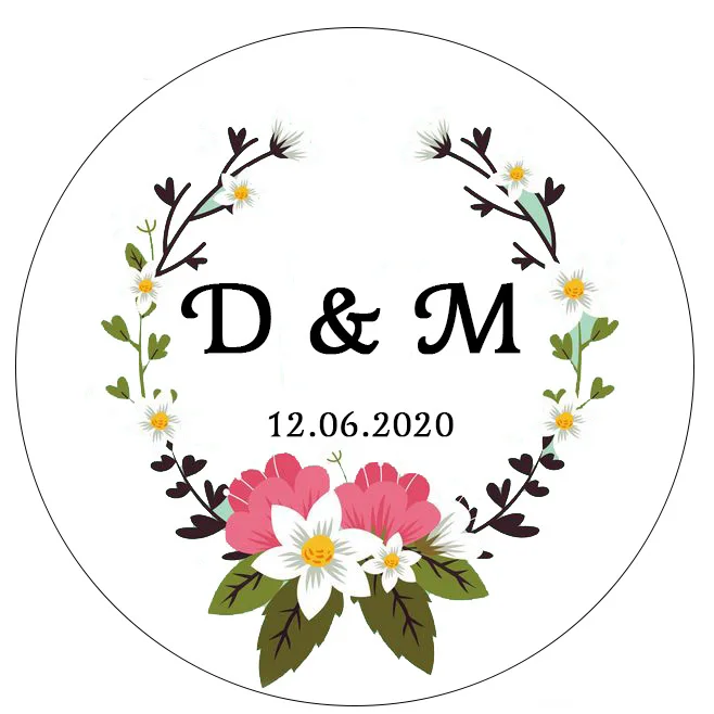 Gepersonaliseerde ronde sticker met bedrijfsnaam, sticker met naam en datum, bedanksticker voor cadeaus bij een bruidsfeest.