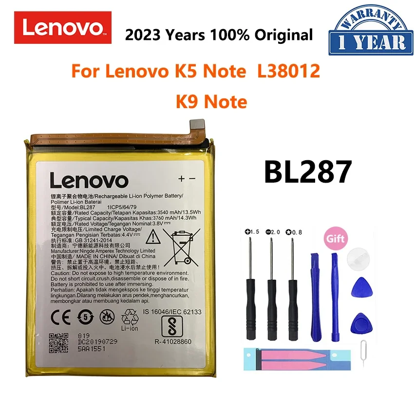 

100% Original 3760mAh BL287 Battery For Lenovo K5 Note K5Note L38012 / K9 Note K9Note 6.0" Replacement Phone Batteries Bateria