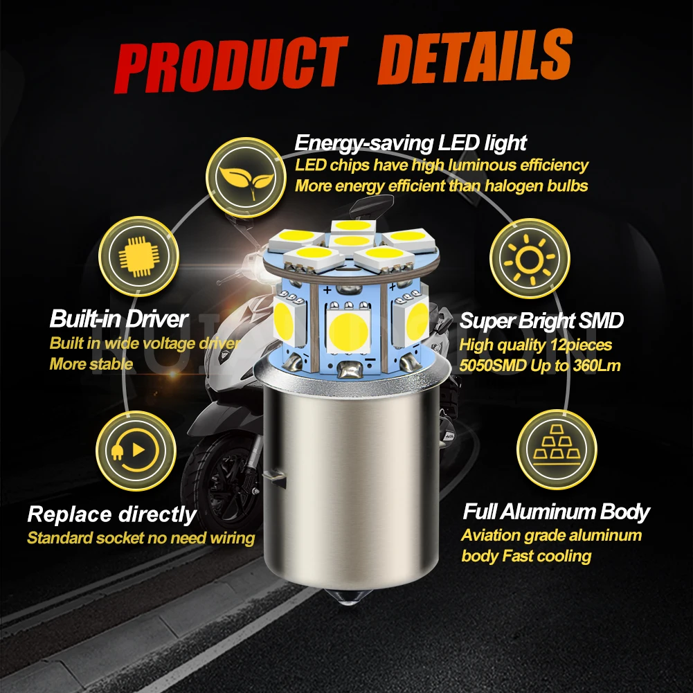 Ruiandsion BA20S-5050 2PCS Motorcycle LED Headlight Kit 6V-12V 6000K White 360LM Bulb Motorcycle Bike Headlight Replacement