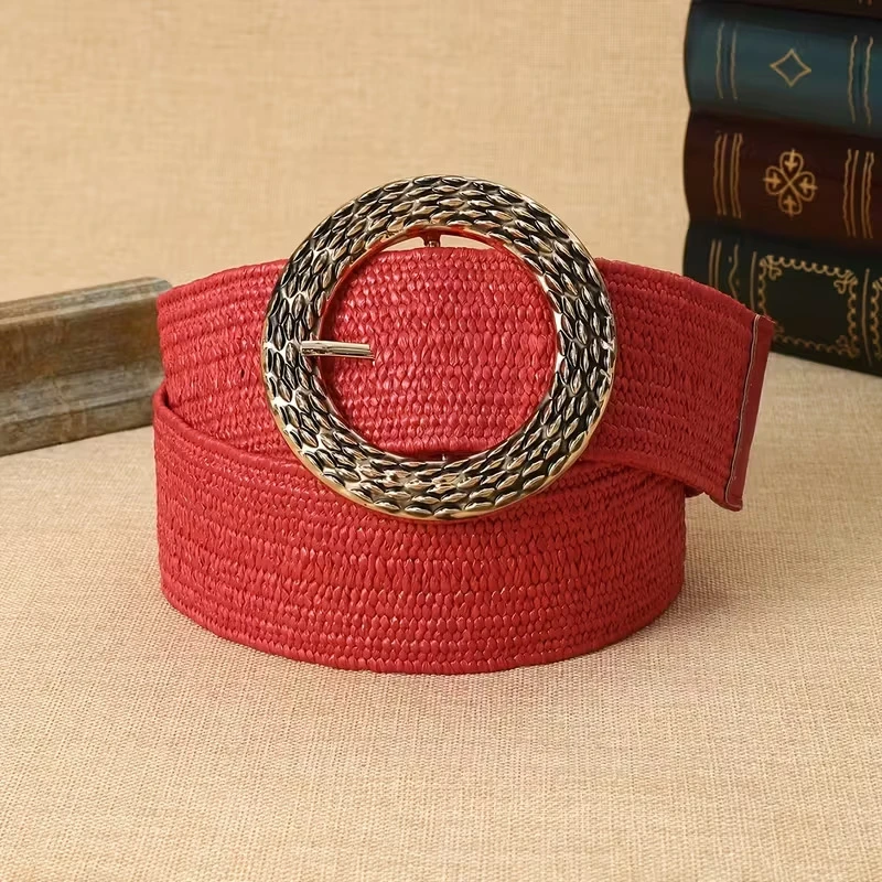 Woven Wide Waist Belt for Women, Vintage Texture with Round Hollow Metal Buckle, Three-Color Bohemian Vacation Style Dress Decorative Wide Belt