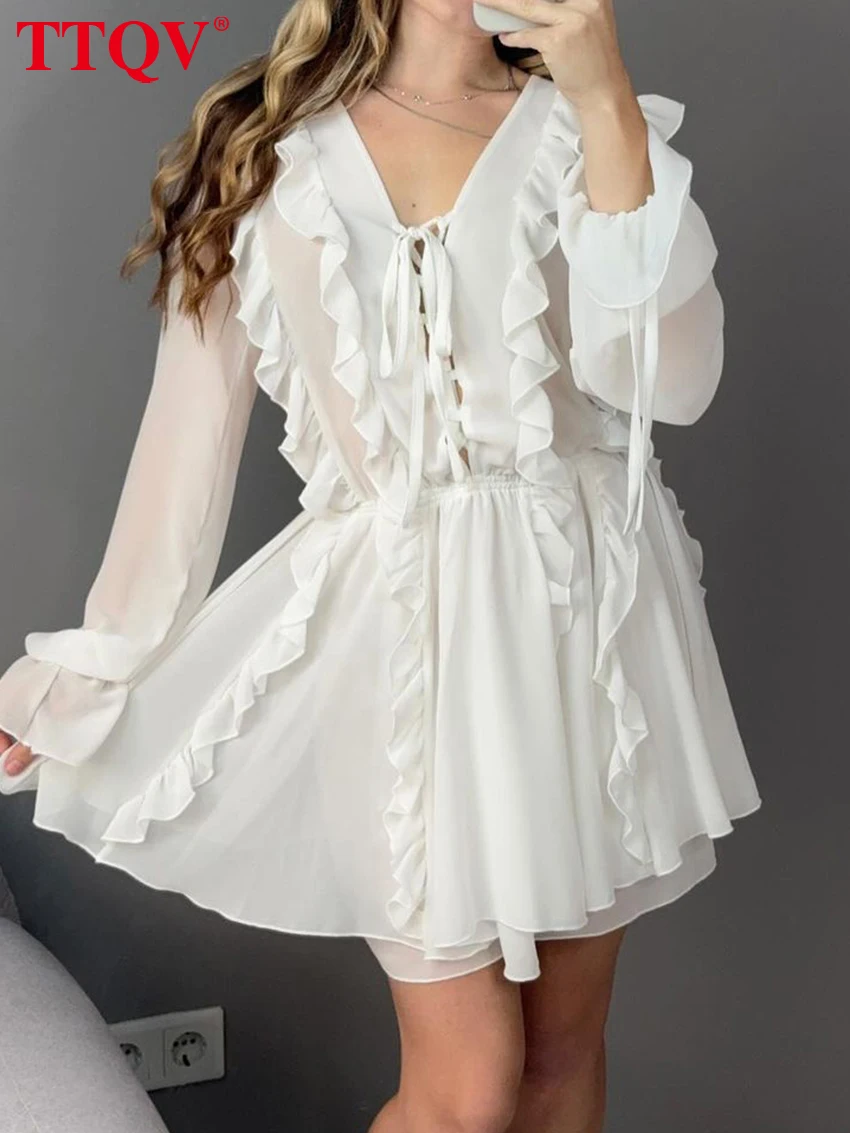

TTQV Fashion Loose White Women's Dress 2025 Sexy V-Neck Long Sleeve Mini Dresses Elegant Classic Lace-Up Ruffle Female Dress