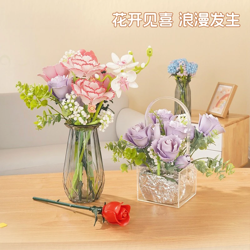 Block Bouquet of Lily of The Valley Rose Eternal Flower Puzzle Puzzle Toy Model Desktop Decorations Creative Valentine Day Gift