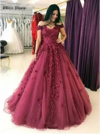 Gaun Prom A Line Bahu Terbuka Merah Gaun Applique Renda Kerah V 2022 Gaun Pesta Tulle Boho Panjang Selantai Gaun Pesta Vestido Fiesta