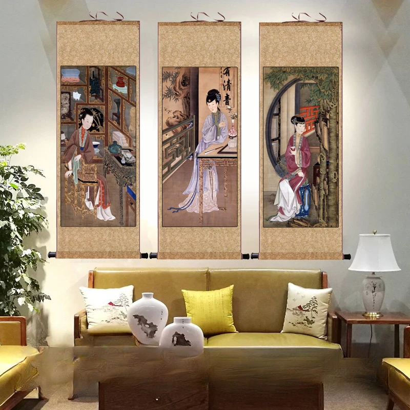 Ladies Figure Scroll Painting Silk Vintage Xuan Paper Home Office Wall Painting Canvas Posters and Prints Room Decor Aesthetic