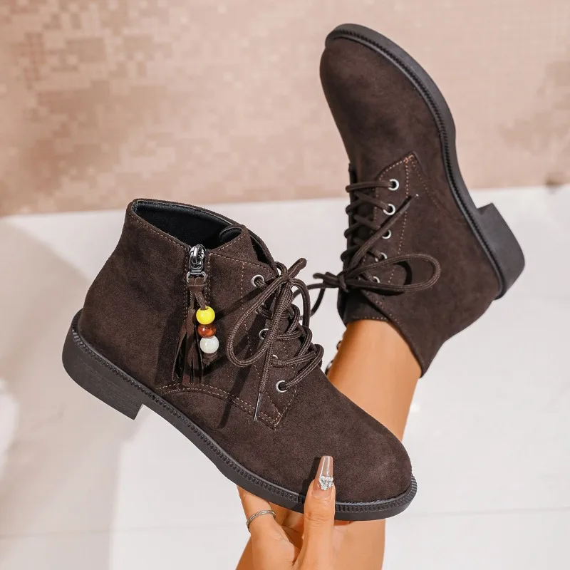 Suede Square Heel Single Boots Fall New Round Toe Front Lace-Up Side Zipper Soft Sole Anti-Slip Wear-Resistant Shorthole Boots